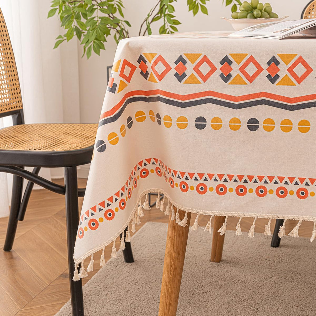 Waterproof Bohemian Tablecloth, 6-8 Foot Rectangle Fabric Orange Colorful Table Cloth with Soft Cott