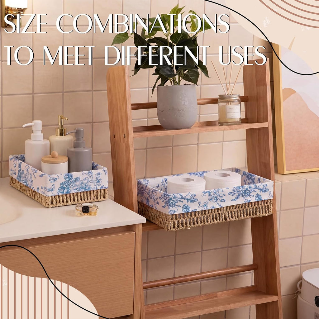 Blue Floral Toilet Paper Storage Basket Set of 2 Chinoiserie Floral Decorative Wicker Bathroom Organizer for Toilet
