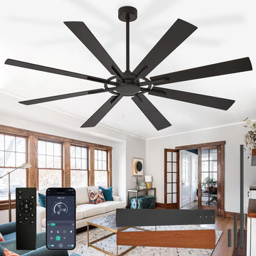 Large Ceiling Fan No Light: Modern 72 Inch 8 Blade Outdoor Ceiling Fans with Remote APP Control - Black Big Fan