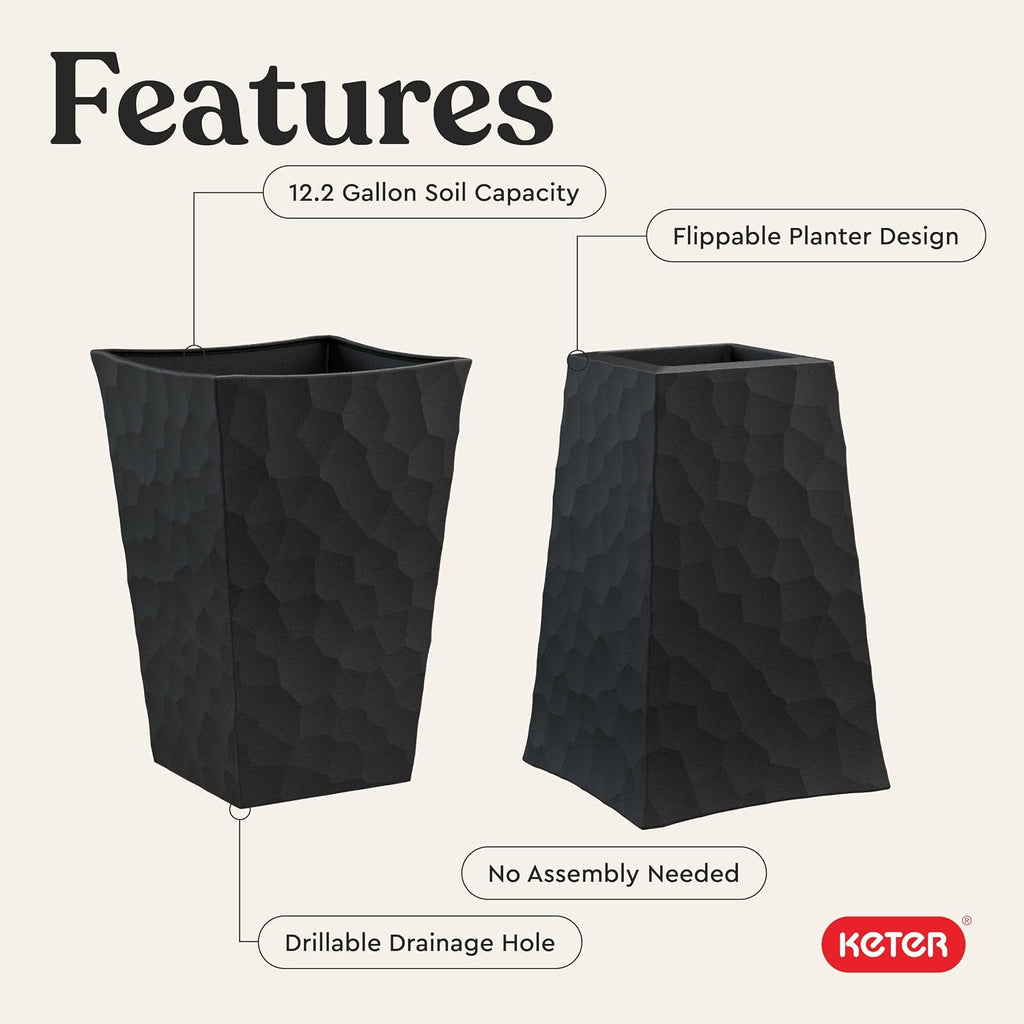 Stone Tapered Planter Set of 2, Tall 26.4‐Inch Resin Outdoor Flower Pots with Stone‐Look Finish and 12.2‐Gallon