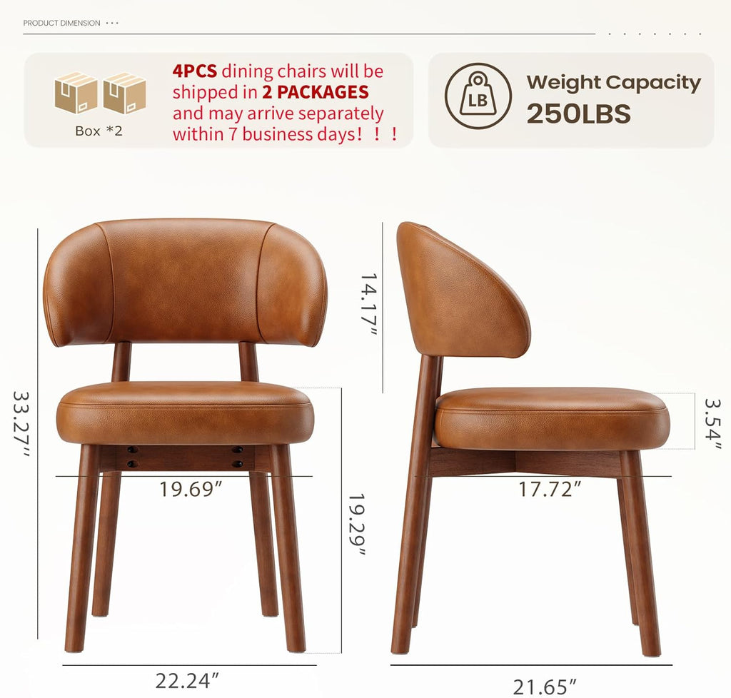 Wooden Dining Chairs Set of 4, Modern Upholstered Dining Room Chair, PU Leather Kitchen Side Chairs with Curved Open