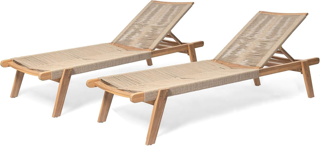 Set of 2 Outdoor Patio Wood Adjustable Chaise Lounges with Rope Seating, Rope Chaise Lounge with Acacia Wood Frame
