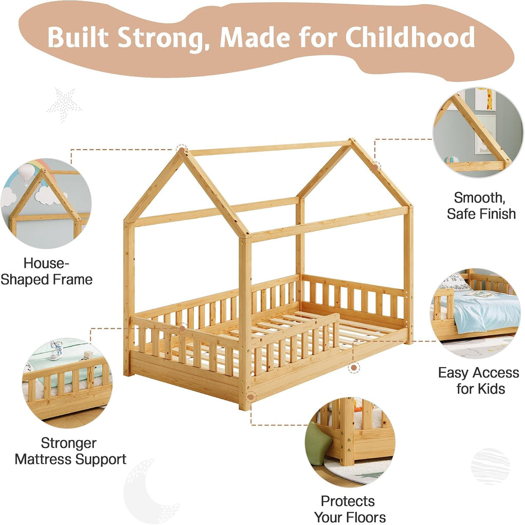 Twin Size House Bed for Kids with Guardrails, Natural Wood | 100% Solid Wood Construction, Removable Rails, Full