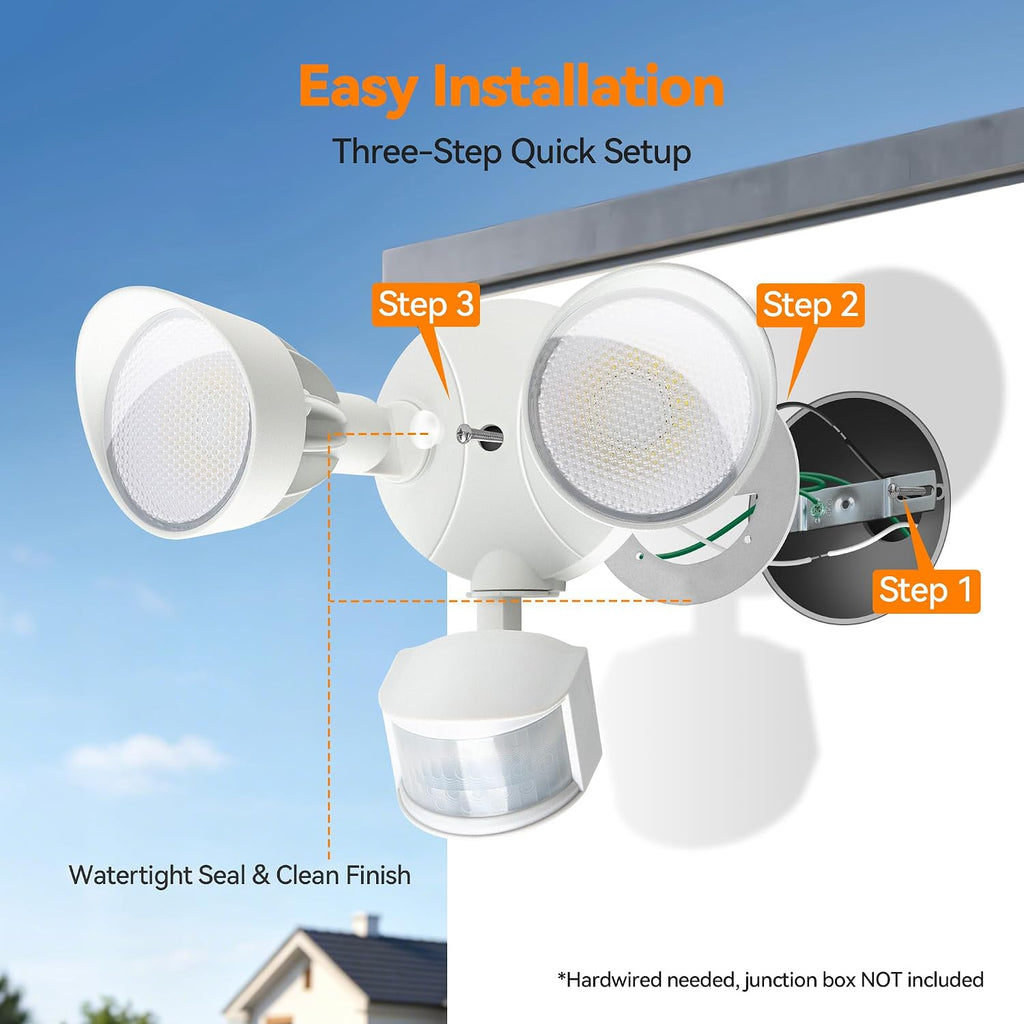 45W 5500LM PIR Motion Sensor Outdoor Lights, Dual Head LED Flood Light, 5000K Daylight, IP65 Waterproof Hardwired