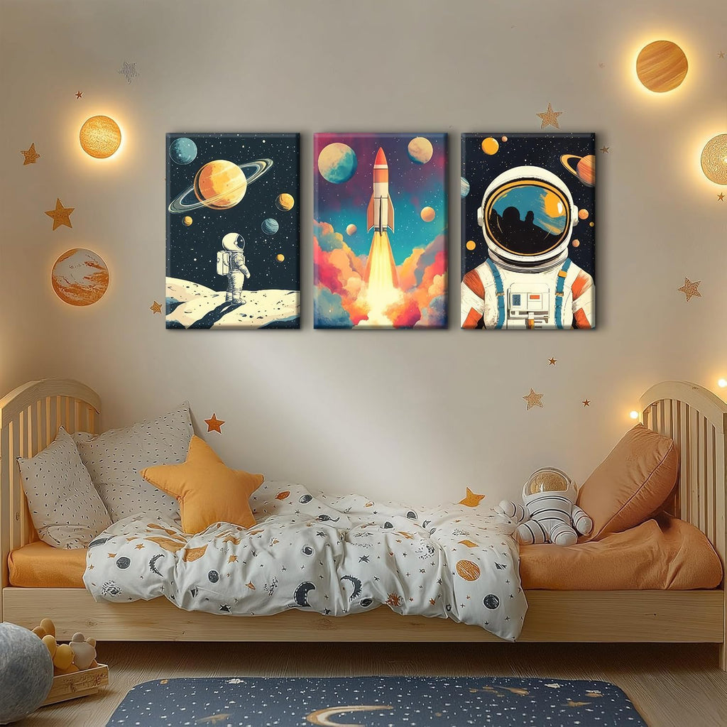 3 Pcs Space Canvas Wall Art Nursery Space Astronauts Kid Painting Pictures Wall Decor Explore Dream Galaxy Canvas