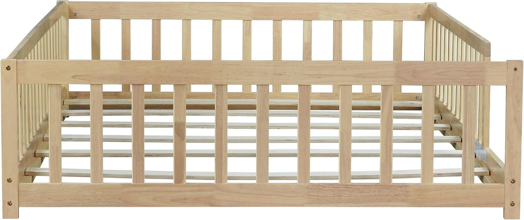 Full Size Montessori Bed Frame with Fence,Solid Wood Floor Bed with Slats for Kids,Boys,Girls,No Box Spring