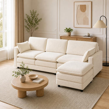 L Shaped Couch Sectional Sofa with Chaise 3 Seat Couch Modular Cloud Sofa Corduroy Couch Cream White Living Room