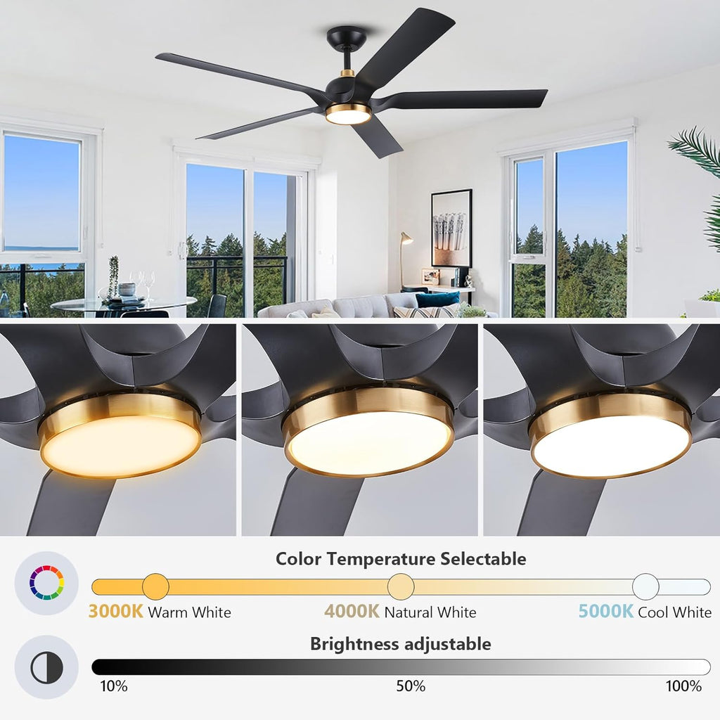 60 Inch Outdoor Ceiling Fan for Patios with Light, Black Gold Ceiling Fan with Long Downrods and Remote Control
