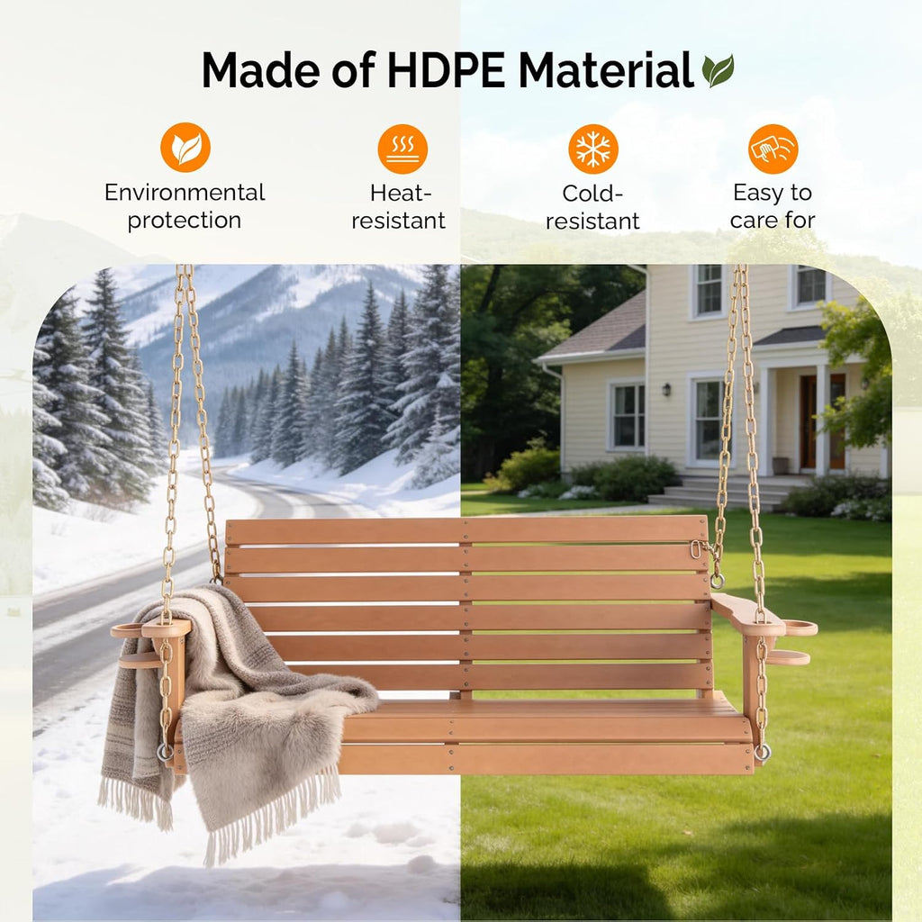 4 FT HDPE Porch Swing Outdoor with Rotatable Cup Holder, Teak | Recycled Plastic Porch Swing with Ergonomic Design