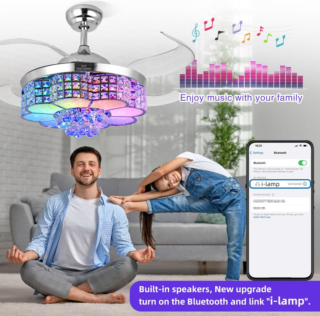 Retractable Ceiling Fan with Light and Remote/APP Control, Bluetooth Ceiling Fans with Speaker