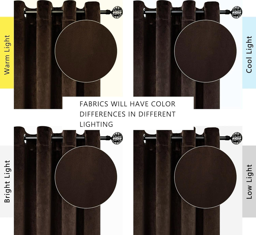 Brown Luxury Velvet Curtain Panels with Grommet, Insulated Soft Privacy Noise Reducing Velvet Window Drapes