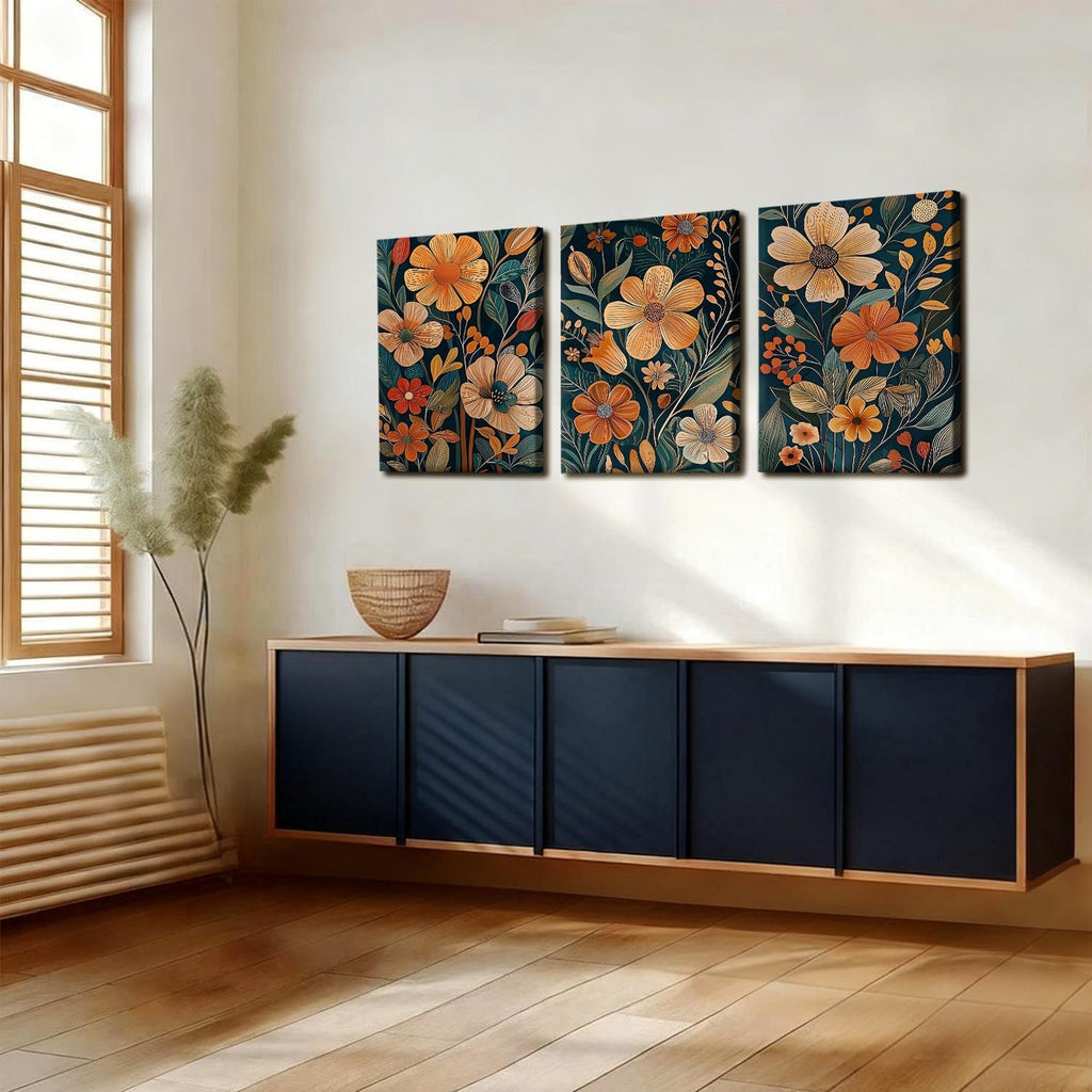 3 pcs Vintage Orange Floral Framed Canvas Wall Art, Medieval Modern Floral Paintings, Natural Botanical Artwork
