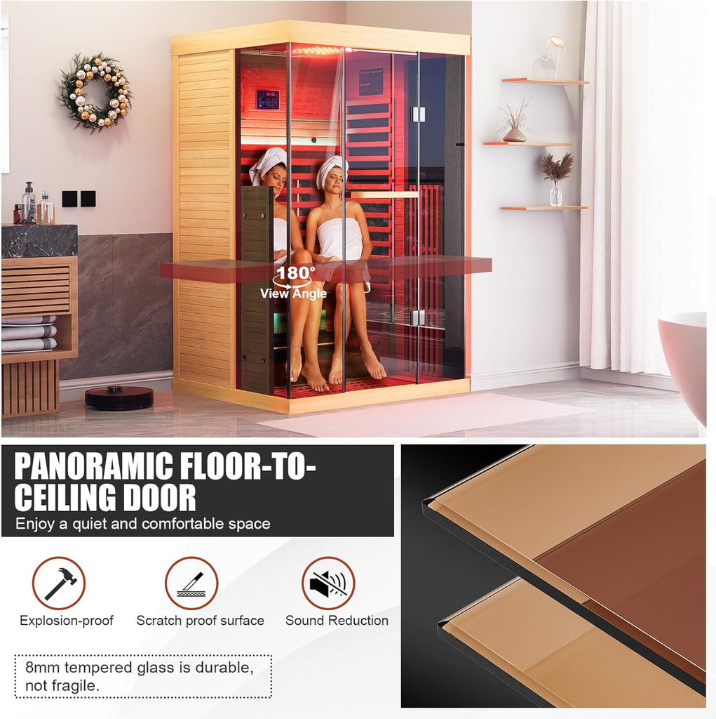 Full Spectrum Infrared Sauna，1-2 Person Home Sauna，Wooden Canadian Hemlock Indoor Spa Sauna with Resonance