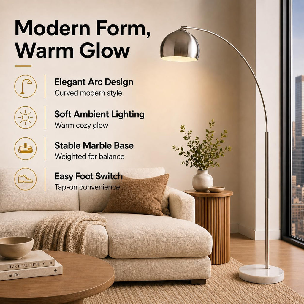 Arquer 68.1" Arc Floor Lamps, Home Offices, Dining Rooms, Bedrooms with Faux White Marble Base and Nickel Bell Shade