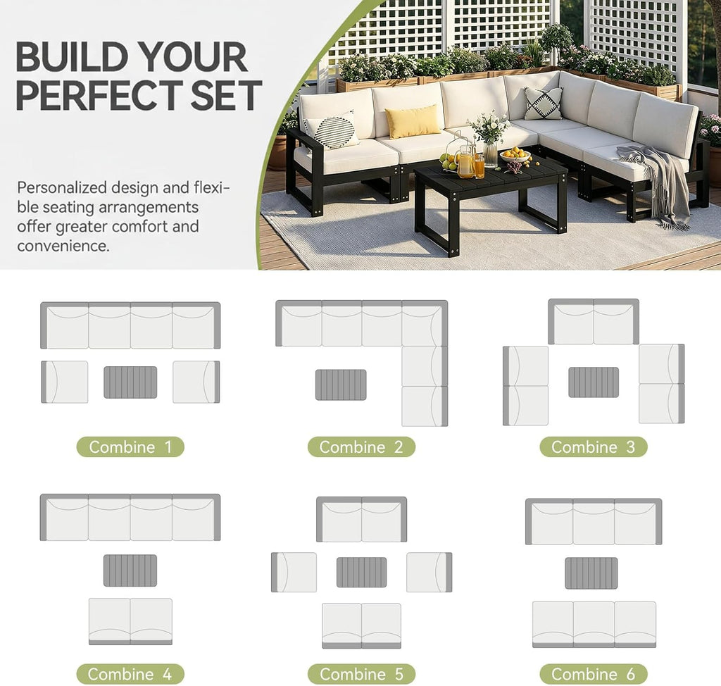 Outdoor Furniture with Cushions, Patio Furniture Set, 7-Piece L Shaped Outdoor Couch Sets 6 Seats, HDPE Patio