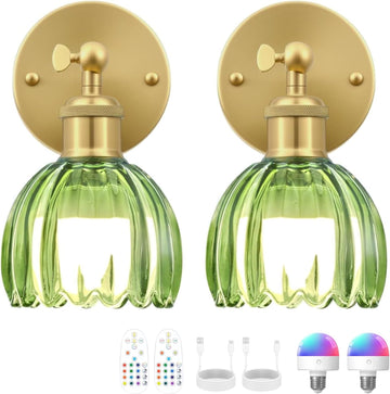 Vintage Battery Operated Wall Sconce, Green Tulip Glass Lampshade Wireless Rechargeable Battery Powered LED Wall
