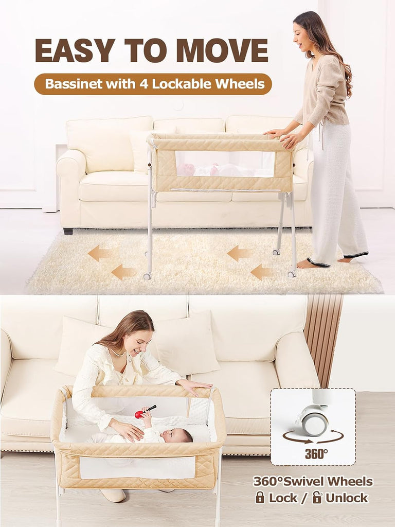 Bassinet Bedside Sleeper, Baby Bassinet with Crib Sheet and Wheels | 4 Adjustable Height Bedside Crib with Comfy