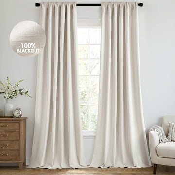 100% Blackout Back Tab Pleat Linen Curtains 50" Wx108 L, Birch