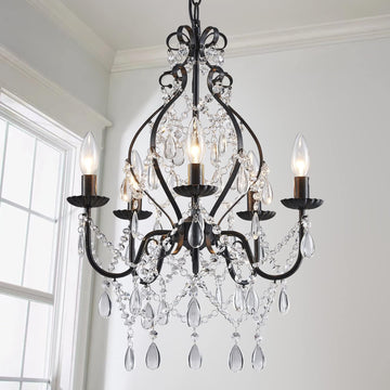 5-Lights Crystal Chandelier, Farmhouse Pendant Light Fixtures, H24 x D17,Chain Adjustable Max 59", Black Finish