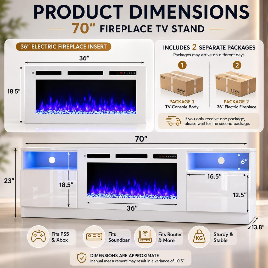 70" Fireplace TV Stand for TVs Up to 80",Entertainment Center with 36" Electric Fireplace and 12 Colors LED
