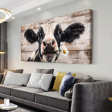 Black and White Dairy Cow Wall Art Oil Painting Prints Canvas Rustic Cattle Daisy Retro Floral Flower Wood Grain