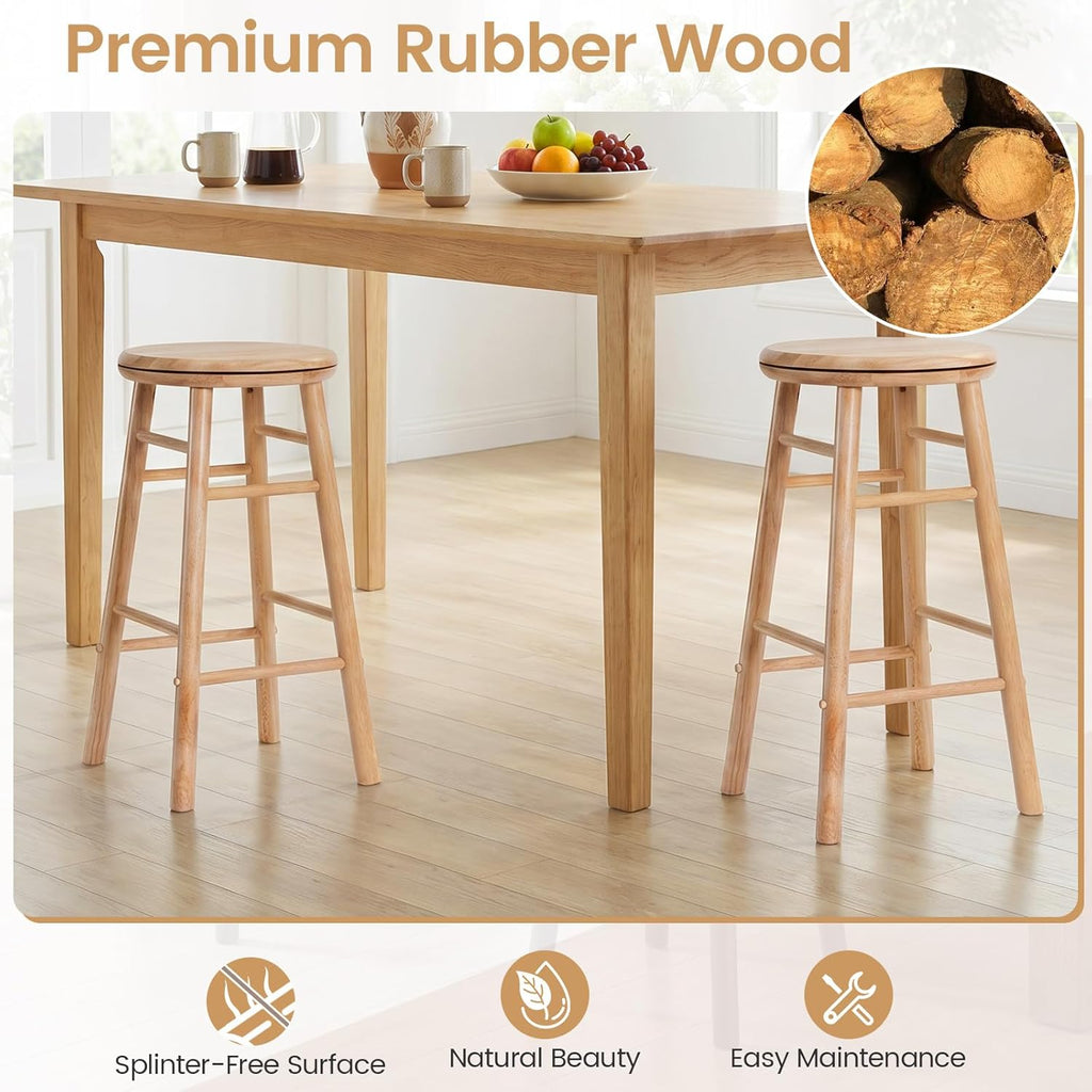 Wooden Swivel Round Bar Stools Set of 2, 24-inch Height Backless Counter Chairs with Footrest, 330Lbs Sturdy