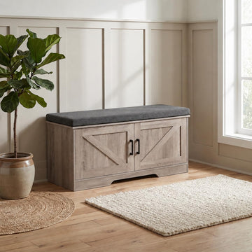 Farmhouse Shoe Storage Bench with 2 Barn Doors & Padded Seat Cushion | 39.4" Wide Entryway Bench with Adjustable