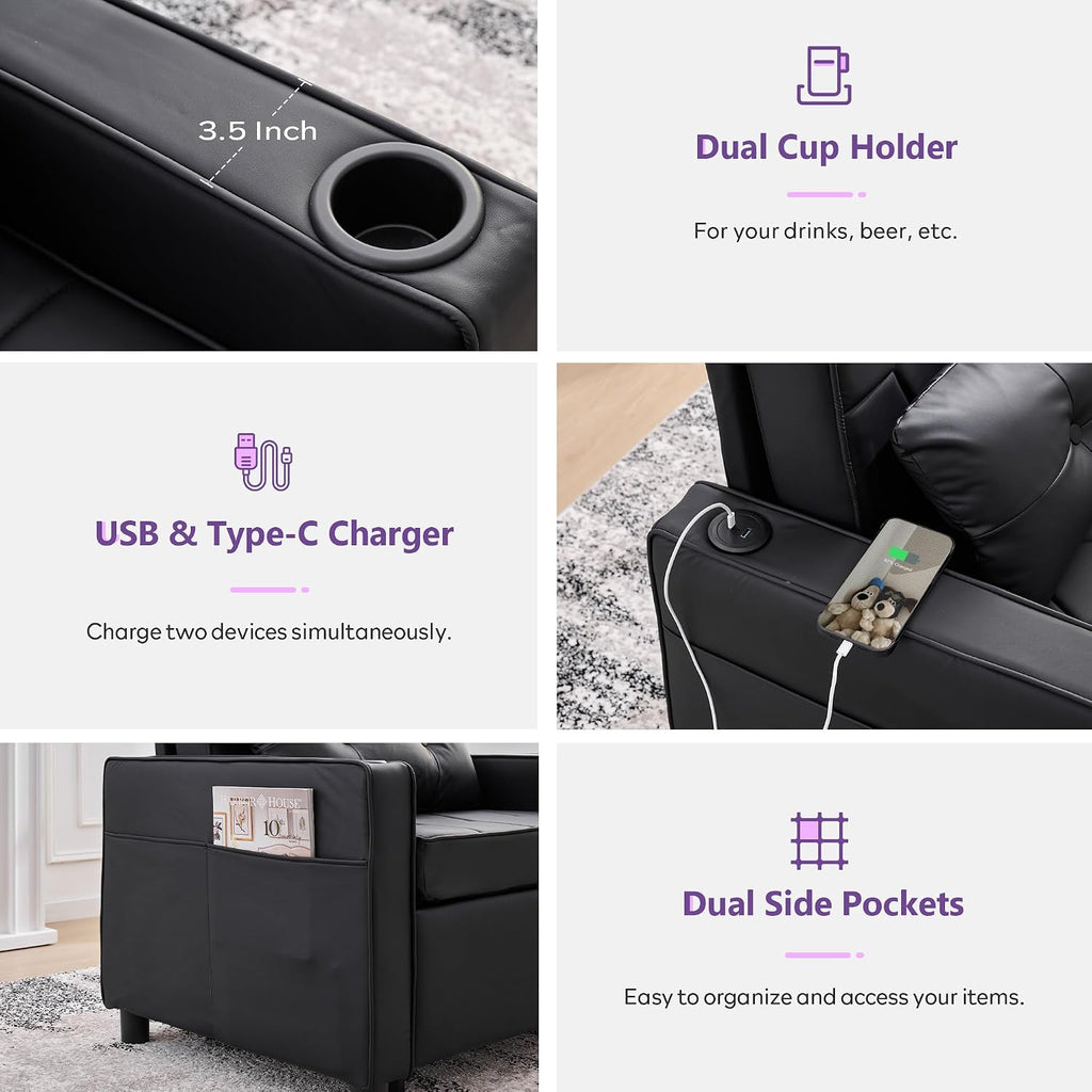 Faux Leather Convertible Sleeper Chair Bed, Single Pull Out Sofa, Black | , 3-in-1, USB & Type-C Charging Ports, Cup