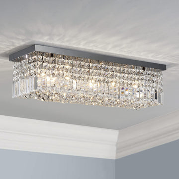 5-Lights Modern K9 Crystal Chandelier, Island Design, Flush Mount Ceiling Light, H9 x W10 x L31, Clear Crystal & Pearl Black Finish