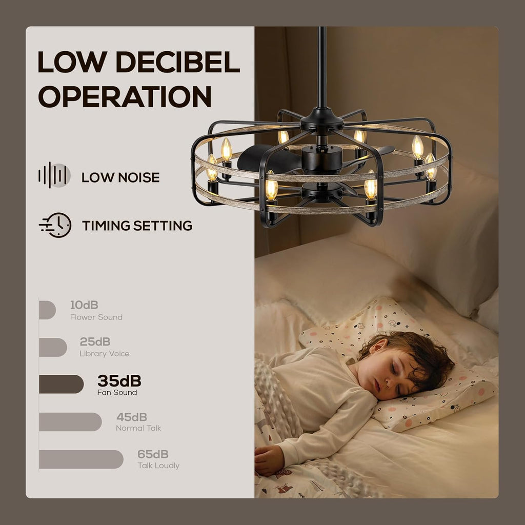 30 Inch Caged Ceiling Fan with Light, Bladeless Farmhouse Ceiling Fan with Remote 6 Speed Reversible Industrial
