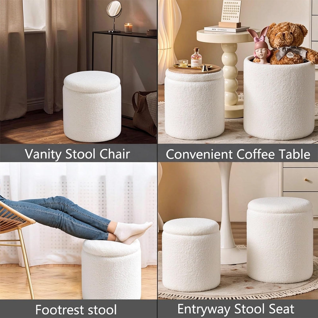 Set of 2 Round Storage Ottoman, White Sherpa Ottoman with Storage