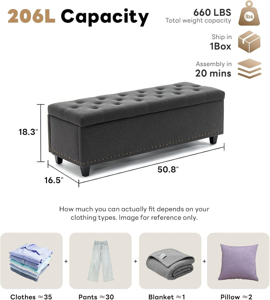 50.8" Ottoman With Storage, Storage Bench with Button-Tufted, End of Bed Storage Bench Safety Hinge with Rivets