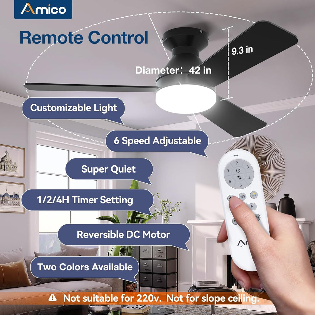 Ceiling Fans with Lights, 42 inch Low Profile Ceiling Fan with Light and Remote Control, Flush Mount, Reversible, 3CCT, Dimmable, Noiseless, Black Ceiling Fan for Bedroom, Indoor/Outdoor Use