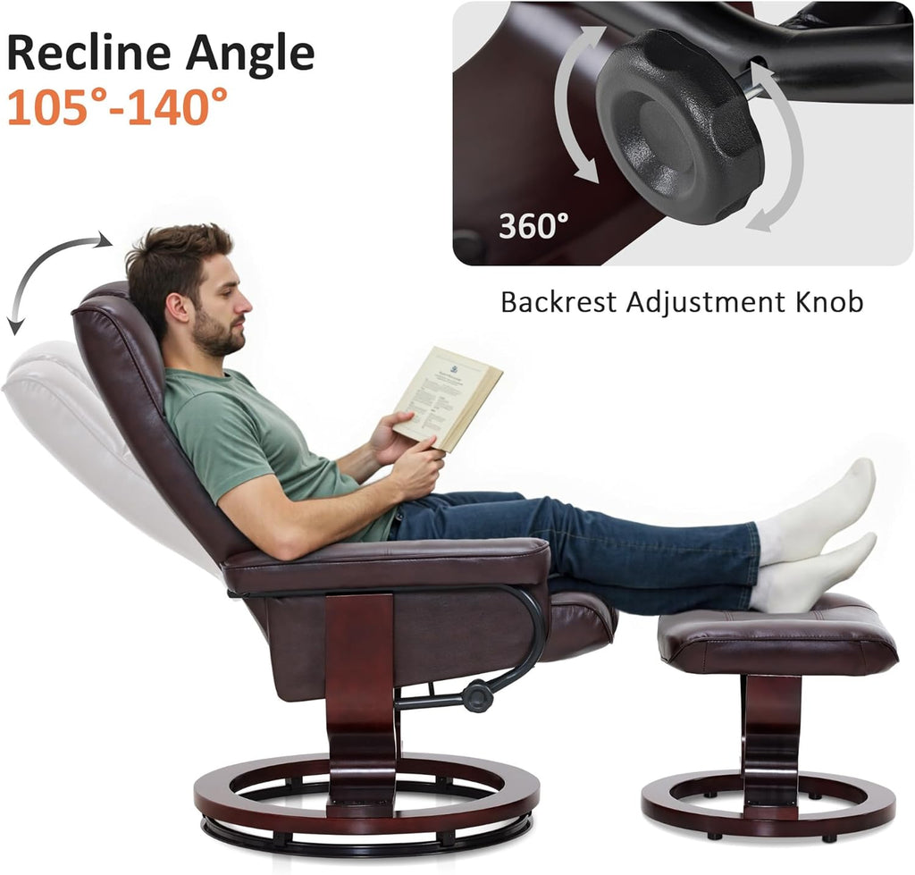 Modern Reclining Swivel Lounge Chair and Ottoman — Brown Faux Leather