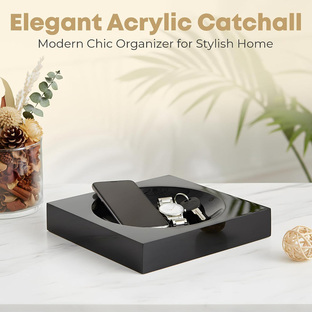 Black Acrylic Catchall Tray - Decorative Jewelry Dish & Vanity Organizer for Keys, Rings, Earrings | Modern