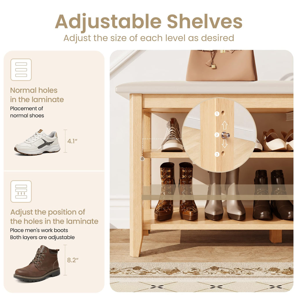 Solid Wood Shoe Rack Bench Entryway with Leather Cushion 39.3"