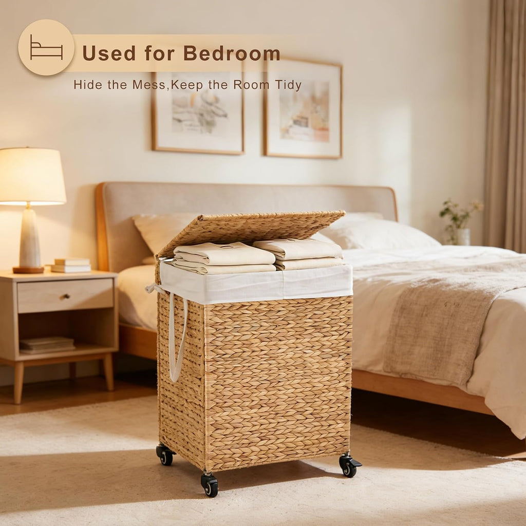2-Section Laundry Hamper with Lid, Large Capacity Woven Natural Water Hyacinth Laundry Sorter with Removable Liners