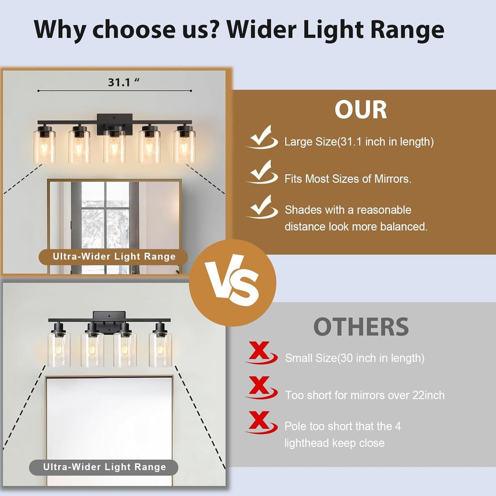 Modern Bathroom Light Fixtures, 5 Light Black Vanity Lights, Bathroom Lighting Fixtures Over Mirror with Clear Glass