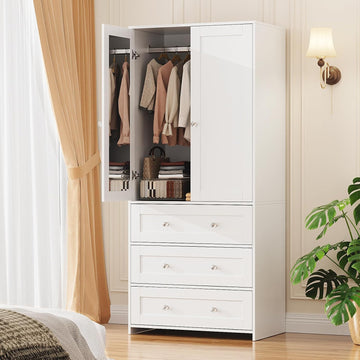71" Tall Armoire Wardrobe Closet with Drawers and Mirror | Clothing Storage Cabinet with Hanging Rod, 2 Doors Wooden