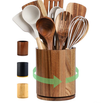Acacia Wood Utensil Holder, 360° Rotating 7.3 Organizer