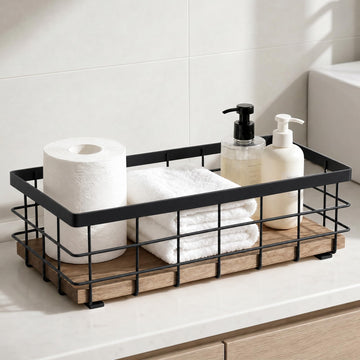 Small Metal Wire Basket, Decorative Wood Base Organizer, Basket for Toilet Paper Storage, Sugar Packet, Coffee