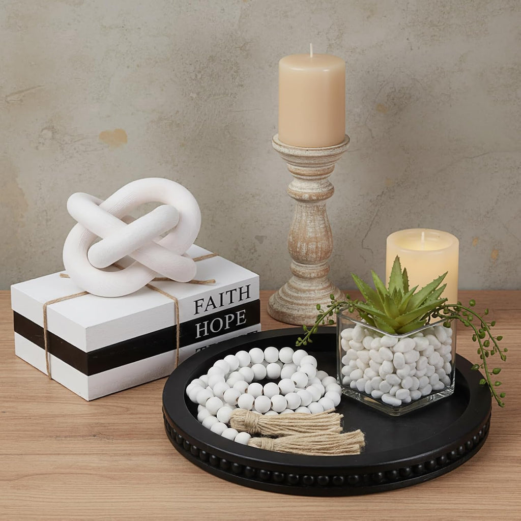 6 Pcs Rustic Wooden Coffee Table Tray Decoration Set, Round Beaded Tray Wood Chain Bead Garland with Tassels and 3