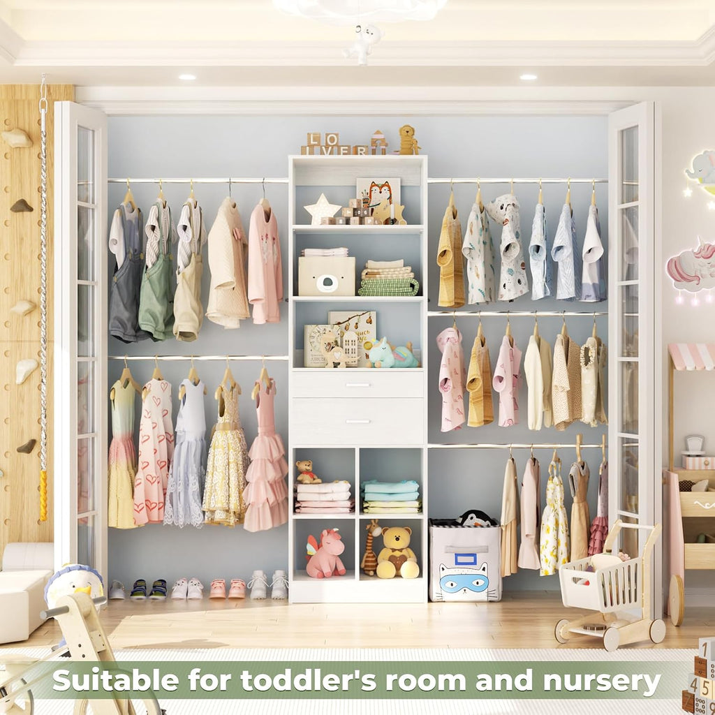 Closet System, 4-8 FT Closet Organizer Tower with 2 Wooden Drawers and Shelves, Can Fit 60 to 96 inch Walk-in Closet
