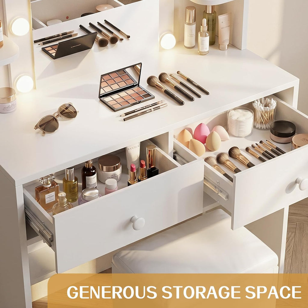 Makeup Vanity Desk with LED Mirror and Chair Set, White | 3 Lighting Modes, Built-in Charging Station, Storage