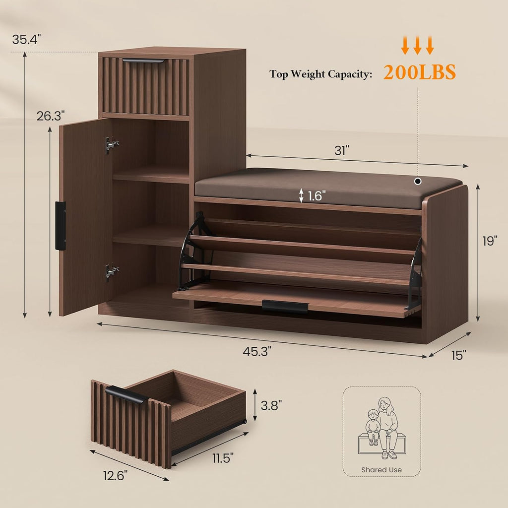45.3" L-Shaped Storage Bench, Entryway Bench with Shoe Storage and Cushion, 3-Level Adjustable Shelves Flip Drawer &