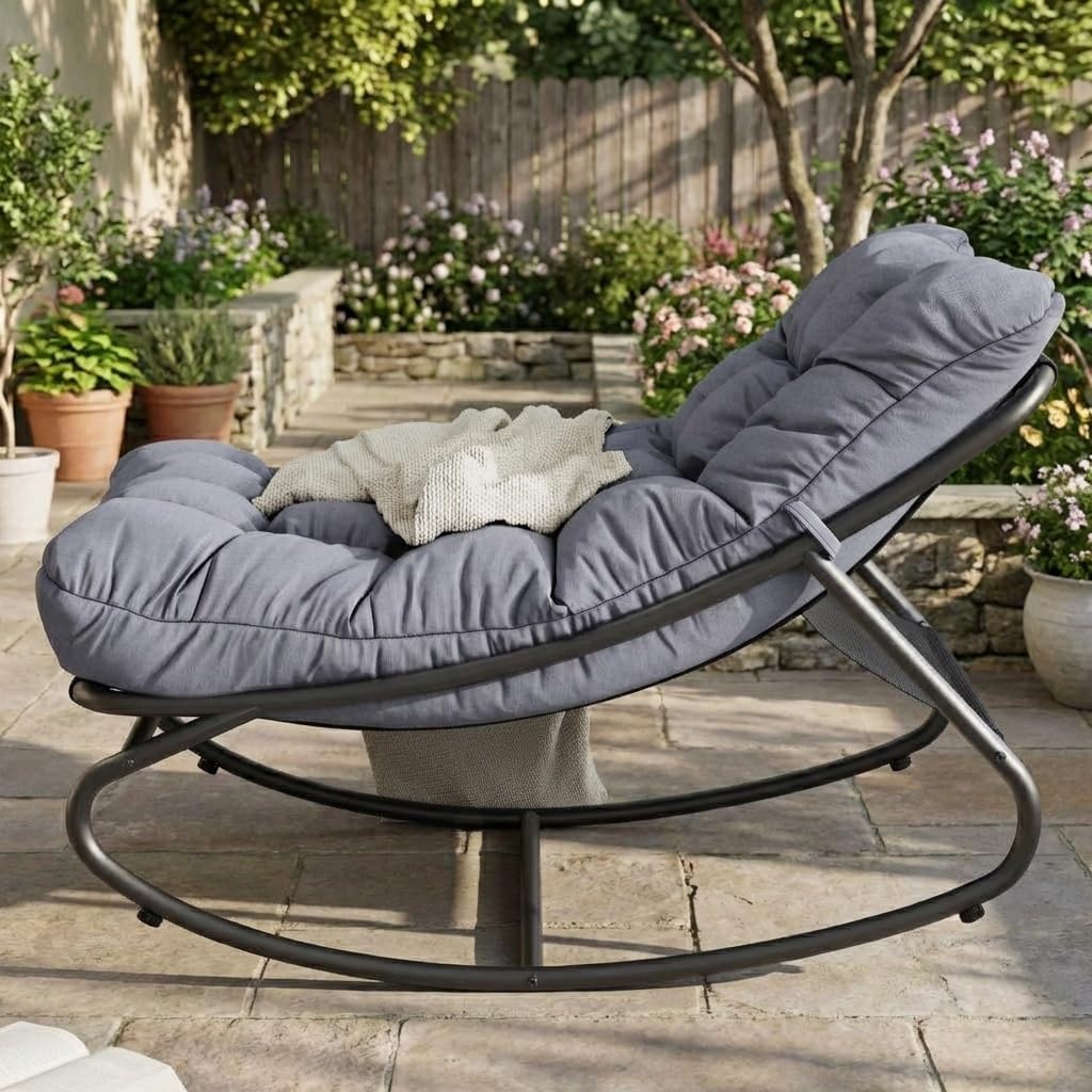 Outdoor Papasan Rocking Chair, Oversized Metal Frame Egg Rocker with Thick Waterproof Cushion, 450 lbs, Comfy Lounge