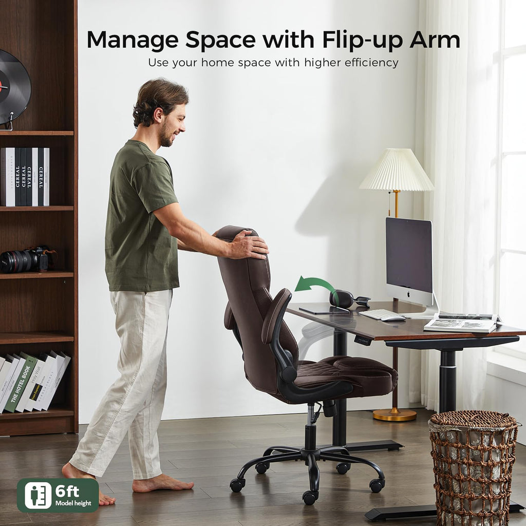 Executive PU Leather Chair, Ergonomic Computer Desk Chair with Lumbar Support and Adjustable Flip-Up Arms, Rocking