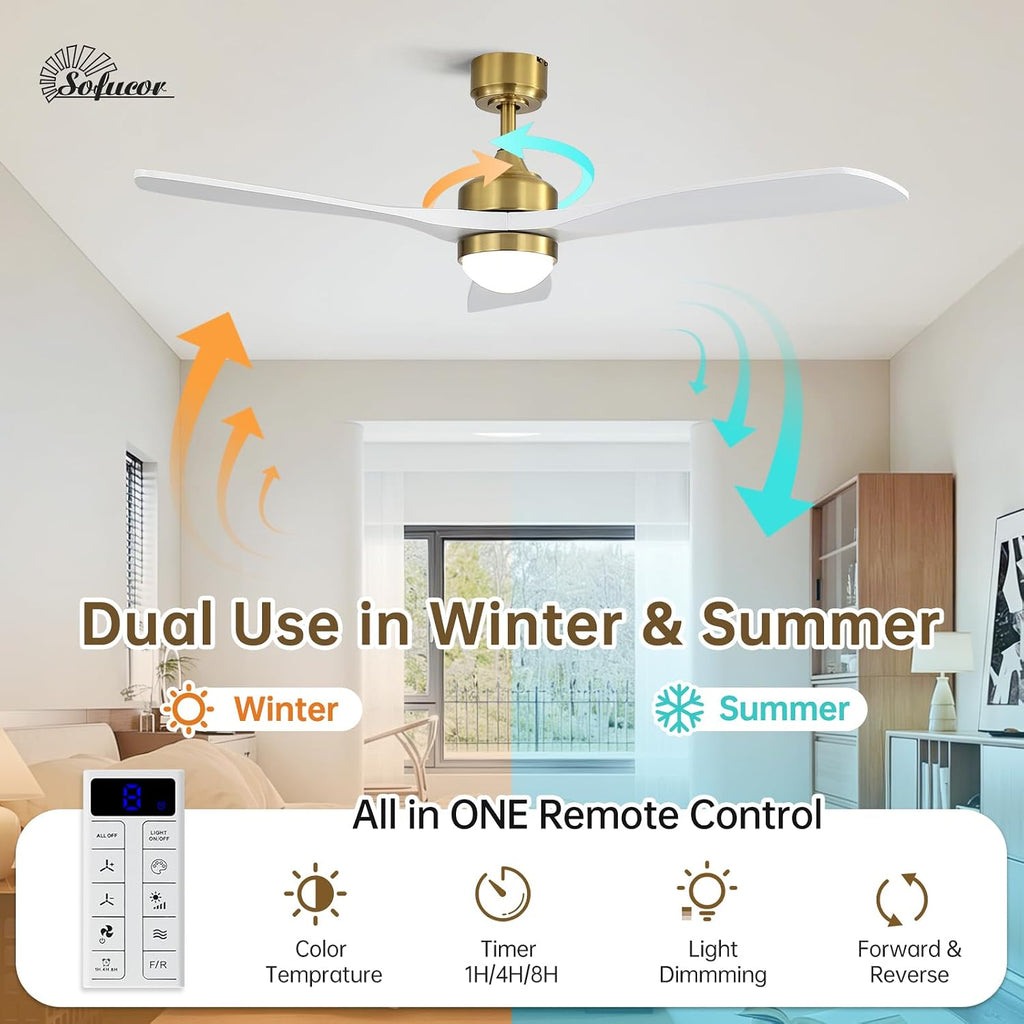 52" Smart Wood Ceiling Fans Lights, Flush Mount & Downrod Mount