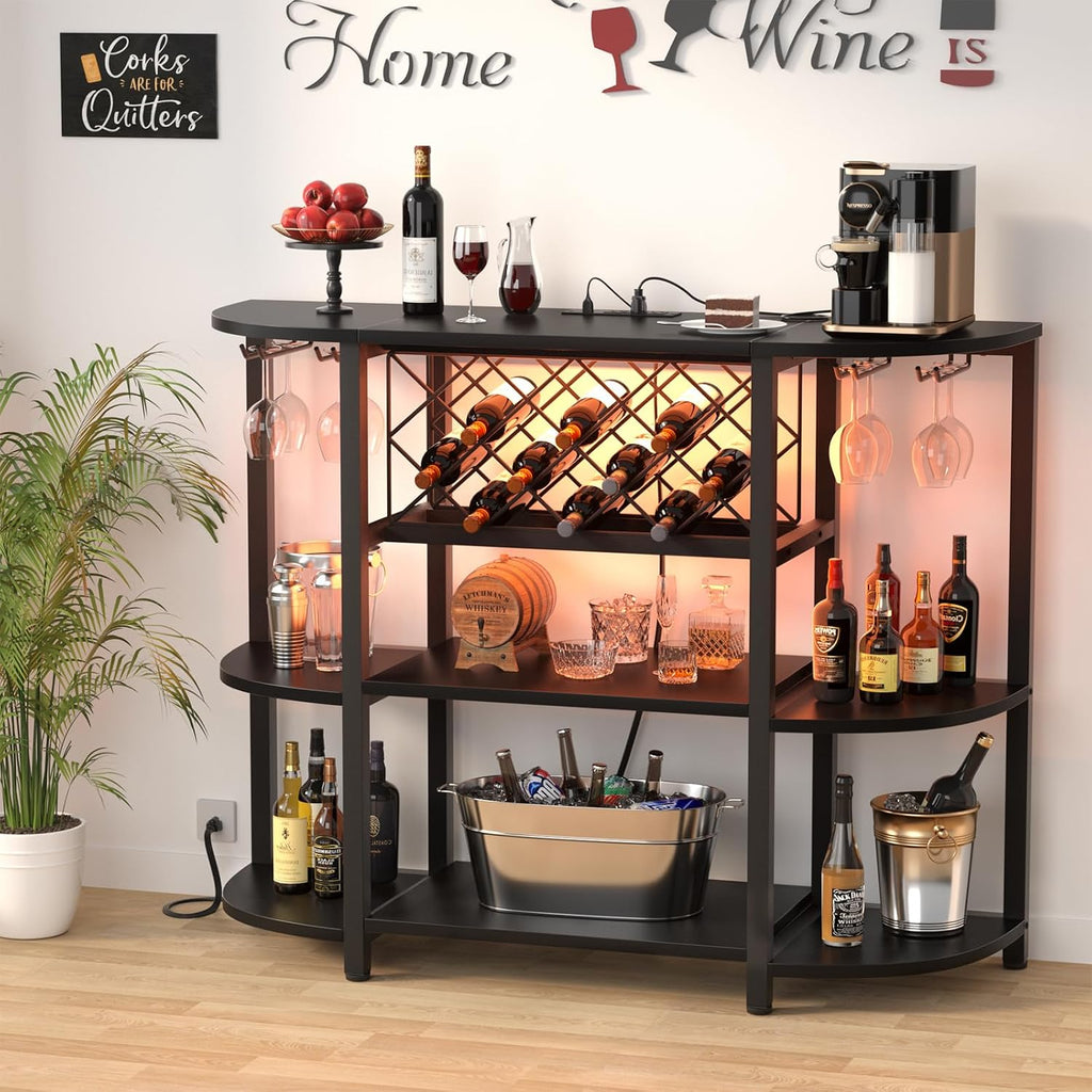 4-Tier Metal Coffee Bar Cabinet with Outlet and LED Light