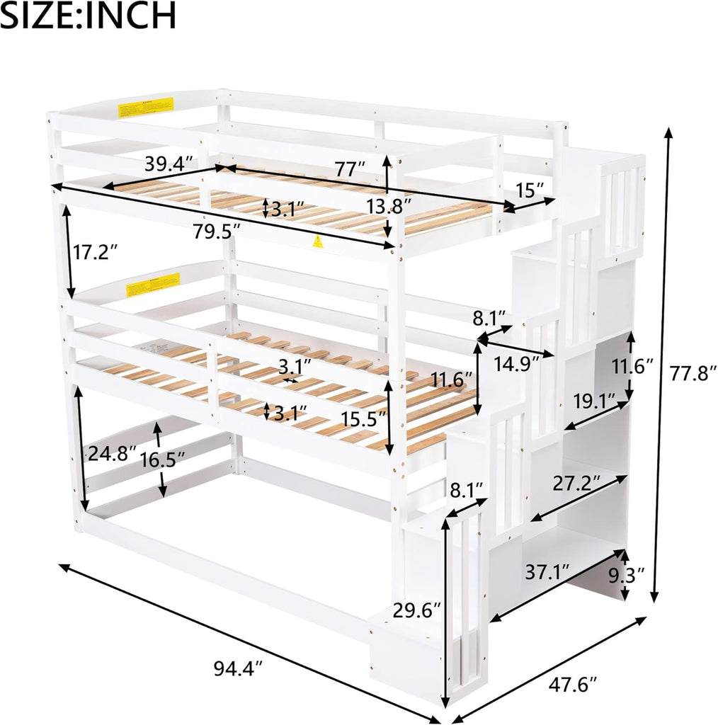 Solid Wood Triple Bunk Bed Twin with Storage Stairs and Shelves for Saving Space, Can Bed Separated Into 2 Beds